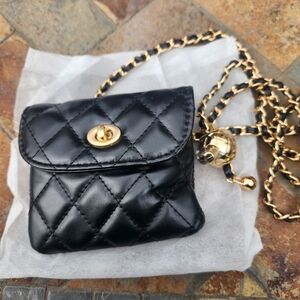 Black Quilted Mini Crossbody Bag with Gold Chain Strap
